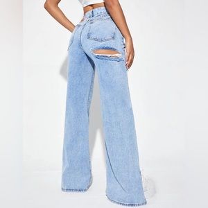 Zipper Fly Ripped Detail Split Hem Wide Leg Jeans